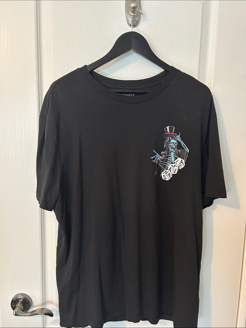 All Saints Black Short-Sleeve Tee with Blue Accent Skull Graphic